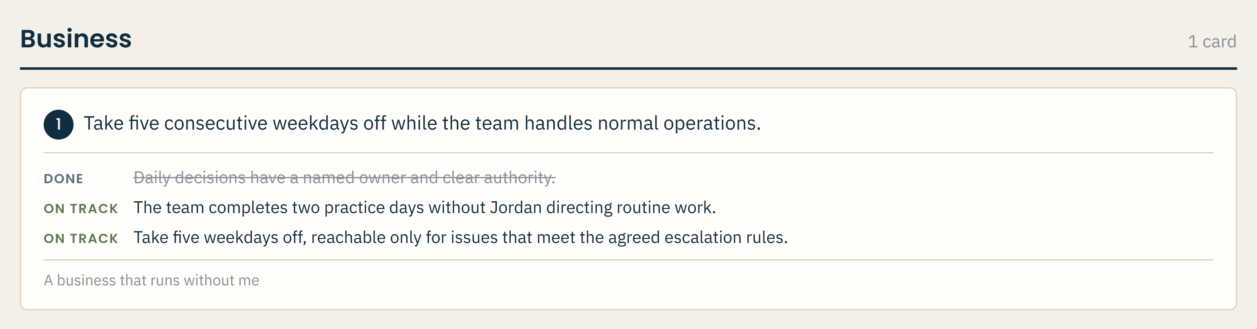 This Quarter showing Jordan's business goal with its three outcomes: named decision owners, two practice days, and five weekdays off.
